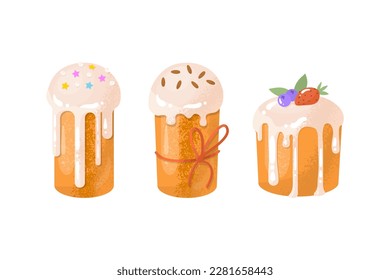 Easter cake set. The traditional celebration of Easter in April. Images for decorating the house in the spring holiday. Sweet pastries covered with icing. Vector illustration.