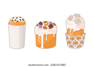 Easter cake set. The traditional celebration of Easter in April. Images for decorating the house in the spring holiday. Sweet pastries covered with icing. Vector illustration.