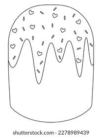 Easter cake. Sketch. The pastries are covered with glaze. The bread is decorated with sprinkles in the form of sticks and hearts. Vector illustration. Coloring book. Doodle style.