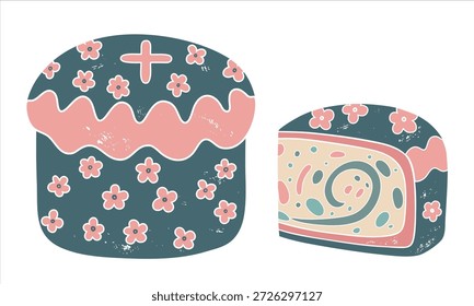 Pastel de Pascua y pieza en rodajas con textura inspirada en la tradición cristiana. Ilustración de fiesta religiosa tradicional