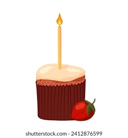 Pastel de Pascua con fresas y velas en llamas. Ilustración alimentaria para Pascua. Deliciosos quequitos para cafeterías, panaderías y cafeterías. Impresión en banner, pegatina, para sitio web