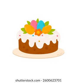 Easter Cake with Sugar Glaze and Colorful Eggs
