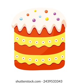 Easter cake with sugar icing and colorful sprinkles. Traditional Easter sweet bread. Festive dessert. Religious Christian symbol. Flat design. Vector illustration.