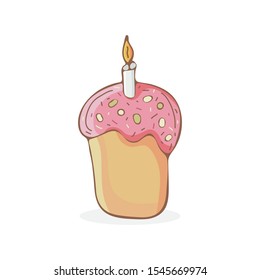 Easter cake or Easter sweet bread or Paska isolated on white background. Cute hand drawn cartoon color illustration in vector. Food icon. Sweet pastries or cake. Traditional orthodox food. Doodle