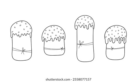 Easter cake, sweet pastries, black and white graphic illustration with a line, doodle, vector. A decorative element for a holiday, decorations, congratulations. Sketch, hand-drawn, isolated on a white