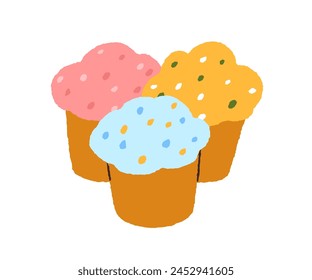 Easter cake, traditional kulich. Sweet bakery for Orthodox holiday, decorated with icing. Festive glazed food. Homemade dessert with frosting. Flat vector illustration isolated on white background