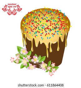 Easter cake traditional sweet food,  icon with spring branch pink  flower,  isolated on white background vector illustration