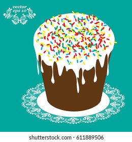 Easter cake traditional sweet food, flat  icon with lace doily,  isolated on green  background vector illustration