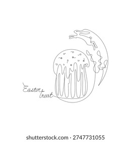 Easter cake. Easter treat. Cute bunny and Easter cake. Happy Easter. Hand drawn line drawing. Postcard, poster with Spring Festival symbols. Traditional holiday symbols. Vector illustration