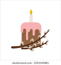 Easter cake vector icon. Flat illustration of Orthodox Easter bread kulich decorated with icing and willow branches. Slavic Easter celebration.