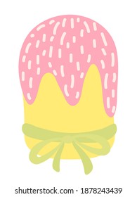 Easter cake vector illustration. Bright hand drawn easter cake with pink icing, white crumbs and green bow. Holiday decor. Design for greeting cards, invitations, textile, banner, poster.