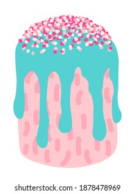 Easter cake vector illustration.  Colourful easter cake with blue icing and pink crumbs. Holiday decor. Design for greeting cards, invitations, textile, banner, poster.