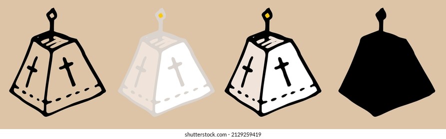 Easter cake with white color. a hand-drawn Easter set of cottage cheese icon in the style of doodles, a black trapezoidal outline with a candle on top and a silhouette on white for a design template