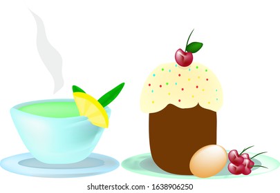 Easter cake with white fondant, multi-colored powder and, next to the saucer, Easter egg, cherries, a cup of tea with lemon and mint, on a white background