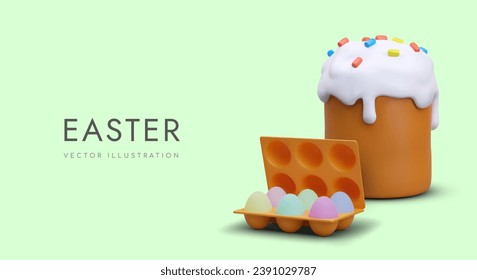 Easter cake with white glaze and colored sprinkles, painted eggs. Traditional festive dishes for Christian religious holiday. Poster on green background, place for greeting, advertisement