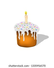 Easter cake in white glaze, sprinkled with multi-colored powder, with a candle on it.Isolated on a white background