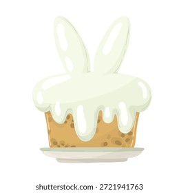Bolo de Páscoa com cobertura branca e orelhas de coelho, ilustração vetorial. Mão desenhou sobremesa de primavera bonito em um prato em estilo de desenho animado isolado no branco para o projeto de celebração de férias.