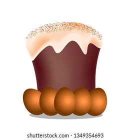 Easter cake with white icing and colored confectionery crumbs and eggs for the Easter holiday