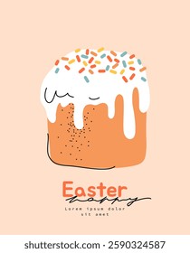 Easter cake with white icing and multi-colored confectionery sprinkles on a light background, Easter greeting card, simple cute hand drawn illustration, drawing, flat style