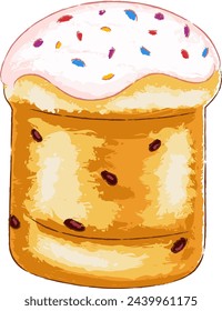 Easter cake with white icing and raisins. Vector illustration of Easter baked goods with raisins, decorated with icing and confectionery sprinkles.