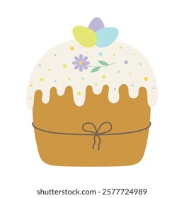 easter cake with white icing and round multi-colored sprinkles on light background, easter card, flat vector illustration