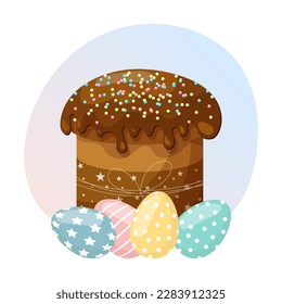 Osterkuchen mit weißem Eis, Sprinklen und Ostereier. Ostergrafik, Vektorgrafik