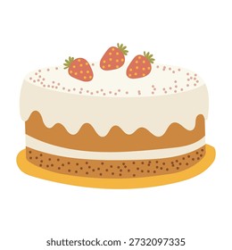 Easter cake with white icing and strawberries, sweet dessert vector illustration isolated on white