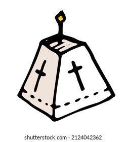 Easter cake with a white icon. hand-drawn in doodle style, black outline trapezoid shape with candle on top and cross pattern on white for design template