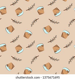 Easter cake with willow branch seamless pattern on light beige background. Outline and colour vector illustration.