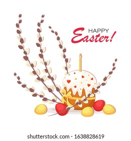 Easter cake, willow, colorful eggs. Easter background, card. Happy easter. Christ is risen. Vector illustration with colored eggs on a white background