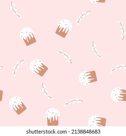 Easter cake and willow cute seamless pattern. Happy Easter concept. Vector illustration for fabric design, gift paper, baby clothes, textiles, cards