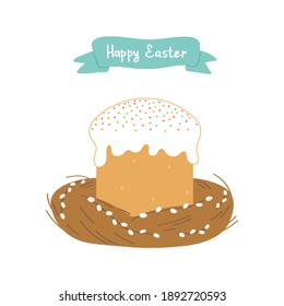 Easter cake and willow wreath isolated on white background. Vector Illustration flat style design