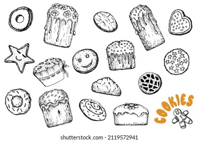 Easter cake.Cookies. Collection. Stock vector illustration. Hand drawing. Black White Sketch Isolated White Background Postcards Cafe Design Confectionery orthodox Holiday