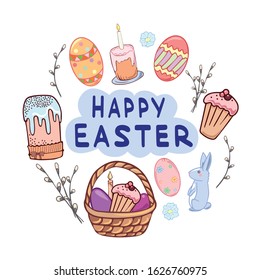 Easter cakes, easter basket, bunny and eggs decoration, flowers. Lettering. Vector illustration. Printing on textiles, objects and paper, stickers, scrapbooking.