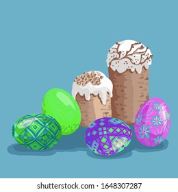 Easter cakes and easter bright color eggs isolated on a blue background. Vector flat illustration. Bright colors and patterns. Cartoon realictic vector illustration for holiday celebration