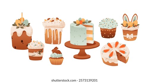 Easter cakes with cream and sprinkles. Easter treats and chocolate bunnies. Festive vector illustration set of Easter cakes and eggs.