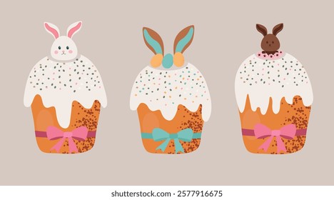 Easter cakes with cream and sprinkles. Easter treats and chocolate bunnies. Festive vector illustration set of Easter cakes and eggs.