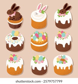 Easter cakes with cream and sprinkles. Easter treats and chocolate bunnies. Festive vector illustration set of Easter cakes and eggs.