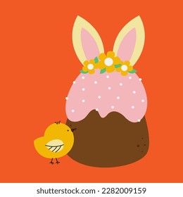 Easter cakes are decorated with bunny ears. Cupcake, cake, dessert with easter symbols. Cute yellow chick. Vector illustration on a bright background