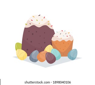 easter cakes and decorated eggs happy spring holiday celebration greeting card poster horizontal vector illustration