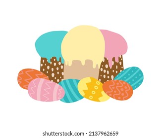Easter cakes and eggs. Happy Easter vector illustration. Cake and colored eggs.