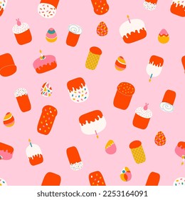 Easter cakes and eggs seamless pattern vector illustration isolated on pink. Various Easter bread decorated with glaze and sprinkles, painted eggs. Hand drawn print