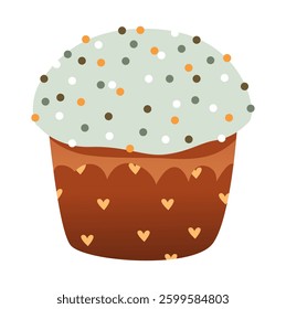 Easter cakes in a festive wrapper with cream and sprinkles. Easter treats. Festive vector illustration.