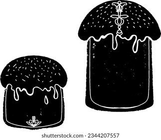 
Easter cakes, folk art, linocut, rustic style. Vector set, collection of elements.