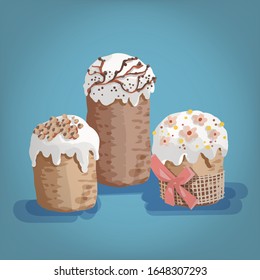 Easter cakes isolated on a blue background. Vector flat illustration. Bright colors and patterns. Cartoon realictic vector illustration for holiday celebration