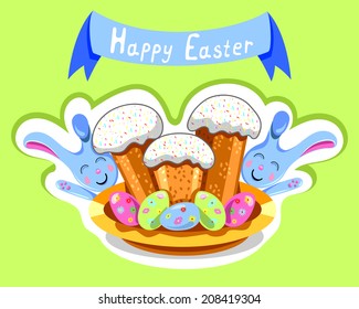 Easter cakes isolated on green background with bunny and eggs