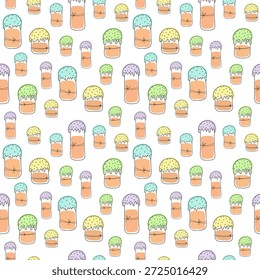 Easter cakes on a white background, festive seamless pattern, color illustration, vector. A pattern template, a colorful element for design, wrapping paper, wallpaper, fabric, hand-drawn