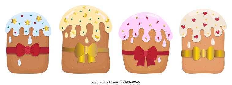 Pasteles de Pascua con lazos rojos y dorados, pasteles con glaseado de azúcar de colores, conjunto de color Vector. Kulichi con crema. Pasteles de levadura festivos con chispas y glaseado, garabatos de pastelería paska