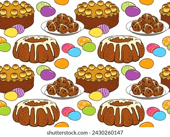 Easter cakes seamless pattern. Easter bakery, bread background for cookbook, greeting card, poster, invitation, banner, menu design. doodle background wrapping paper. cross ban, pannetone, Simnel cake