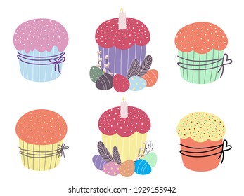 Easter cakes set. Cute Easter cupcake. Design for Easter, Birthday, Holidays. Vector flat illustration 